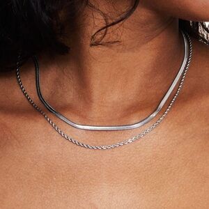 ATOLEA IOS Layered Necklace w/ Herringbone Choker and Rope Chain in Silver